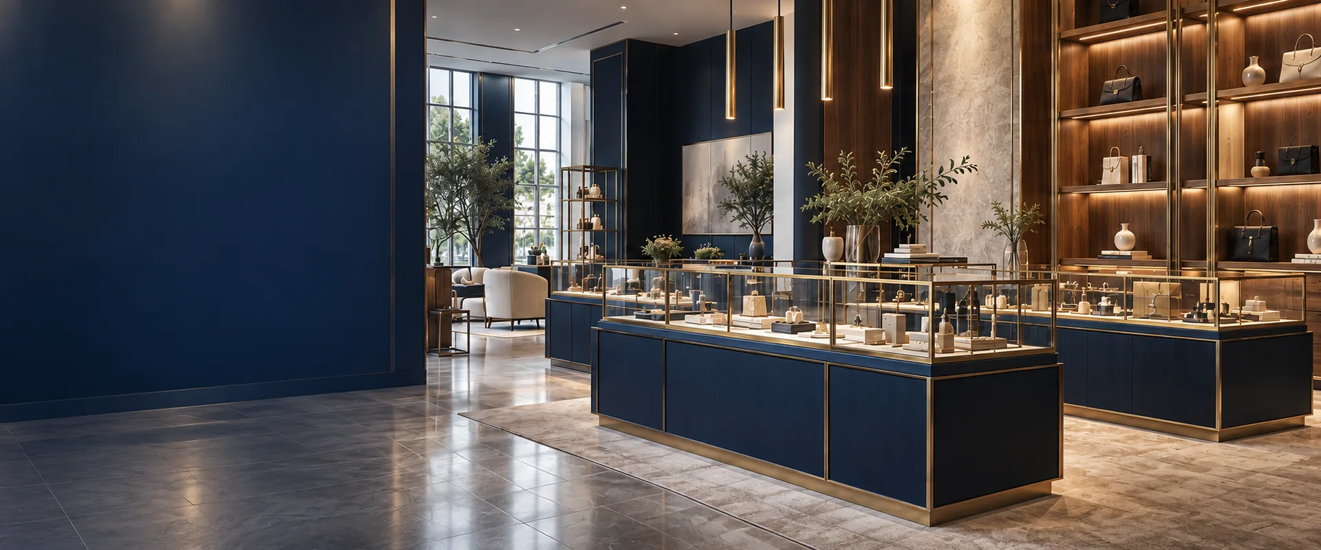 Retail showroom design concept with navy display counters, brass-framed glass showcases and illuminated walnut shelving