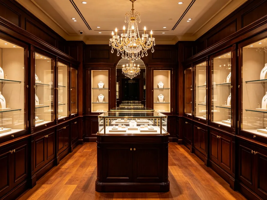Classic jewelry boutique design reference with dark wood wall cabinets and central glass counters