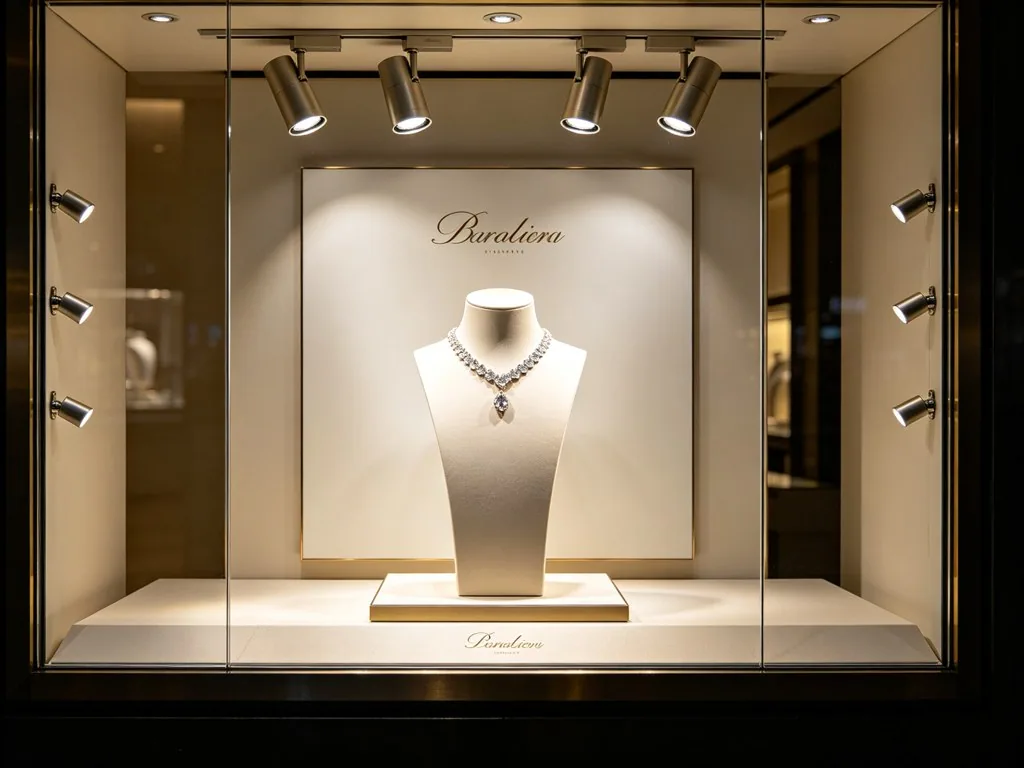 Jewelry window display design reference with a necklace bust and adjustable spotlights