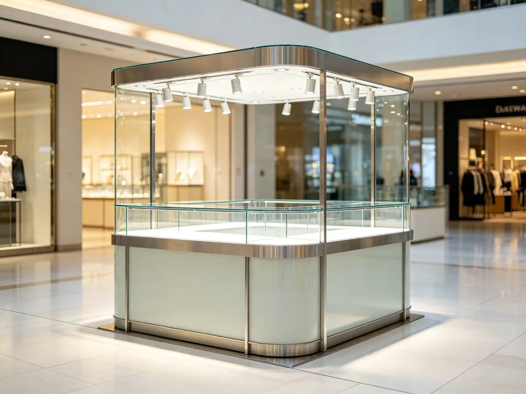Mall jewelry counter design reference with curved glass enclosure and overhead display lighting