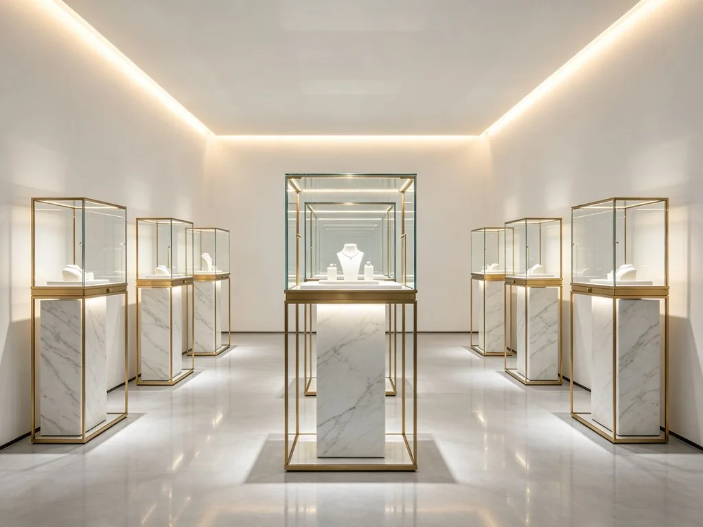 Modern jewelry shop design reference with gold frame glass cases and white marble effect bases