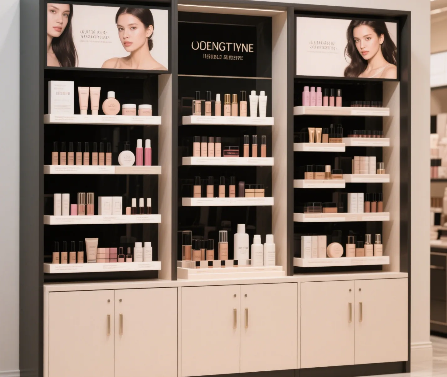 118” cosmetic display wall cabinet custom fashion skin care display stand