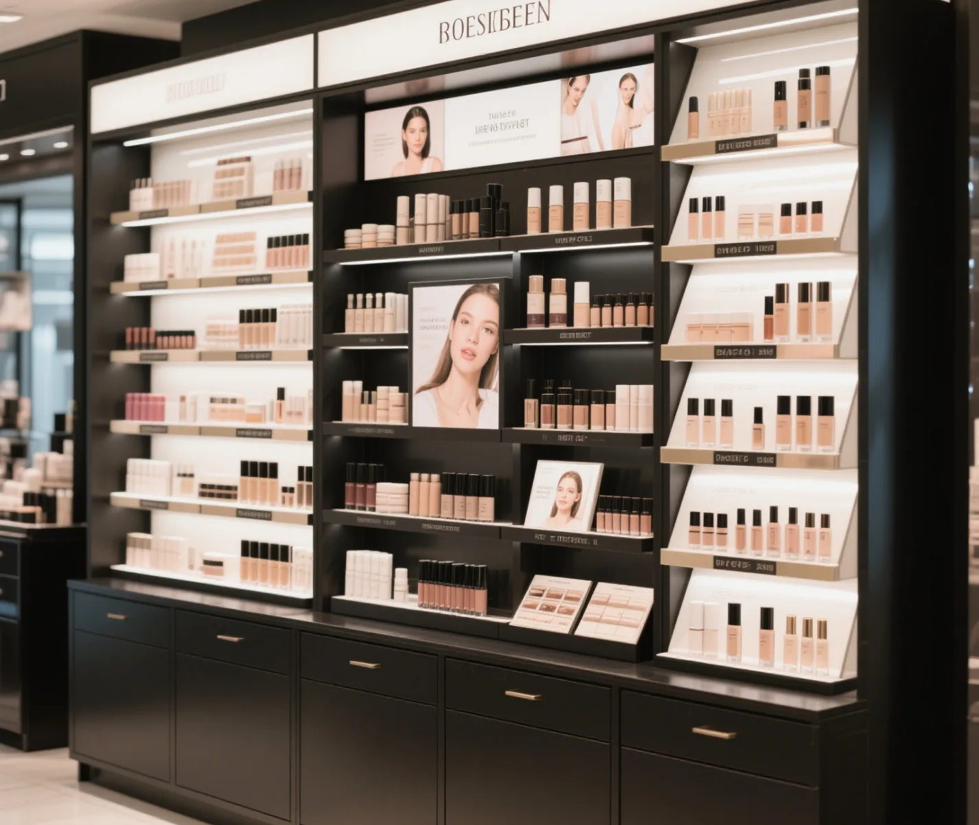 118” cosmetic display wall cabinet custom fashion skin care display stand — view 4