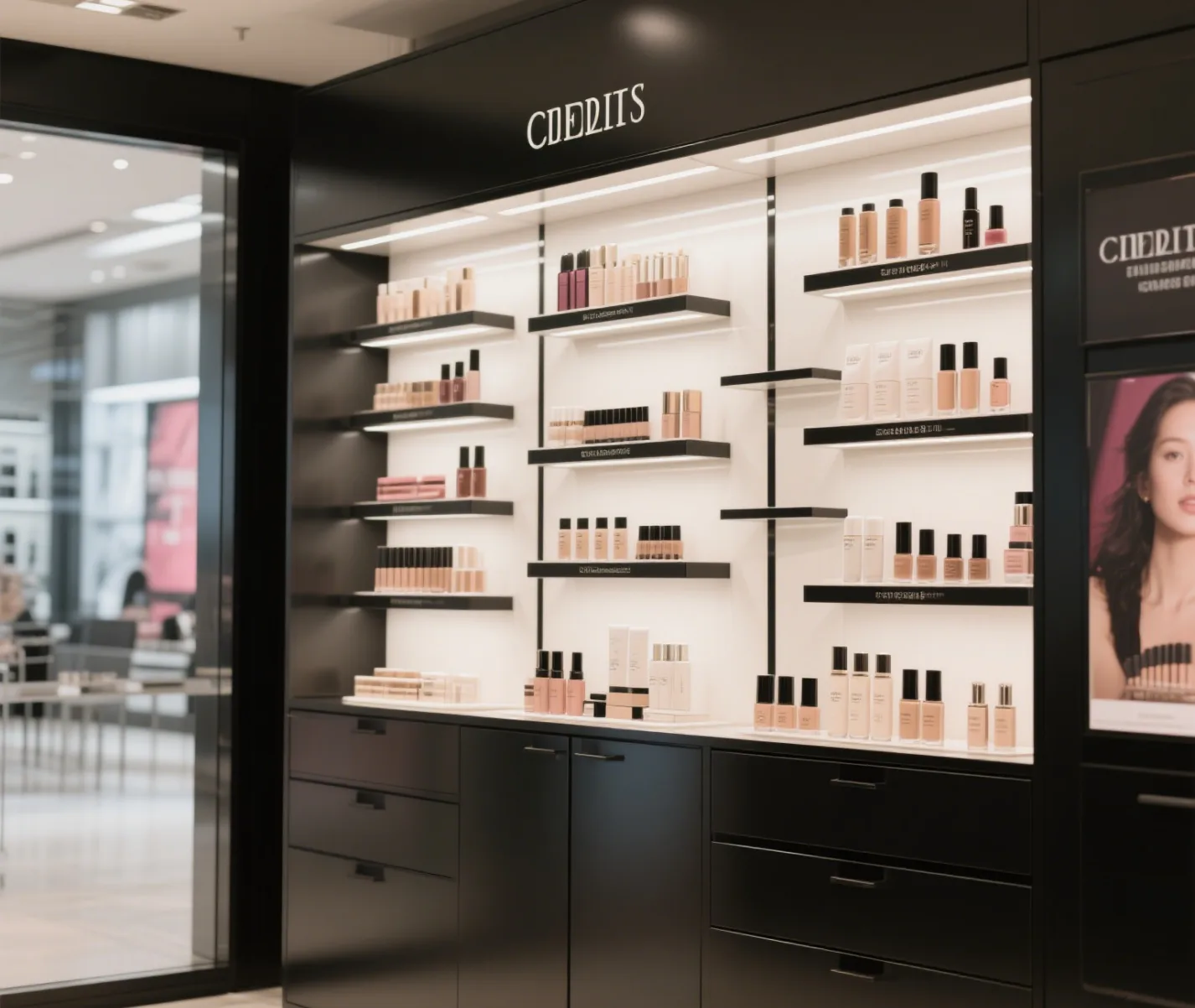 118” cosmetic display wall cabinet custom fashion skin care display stand — view 2