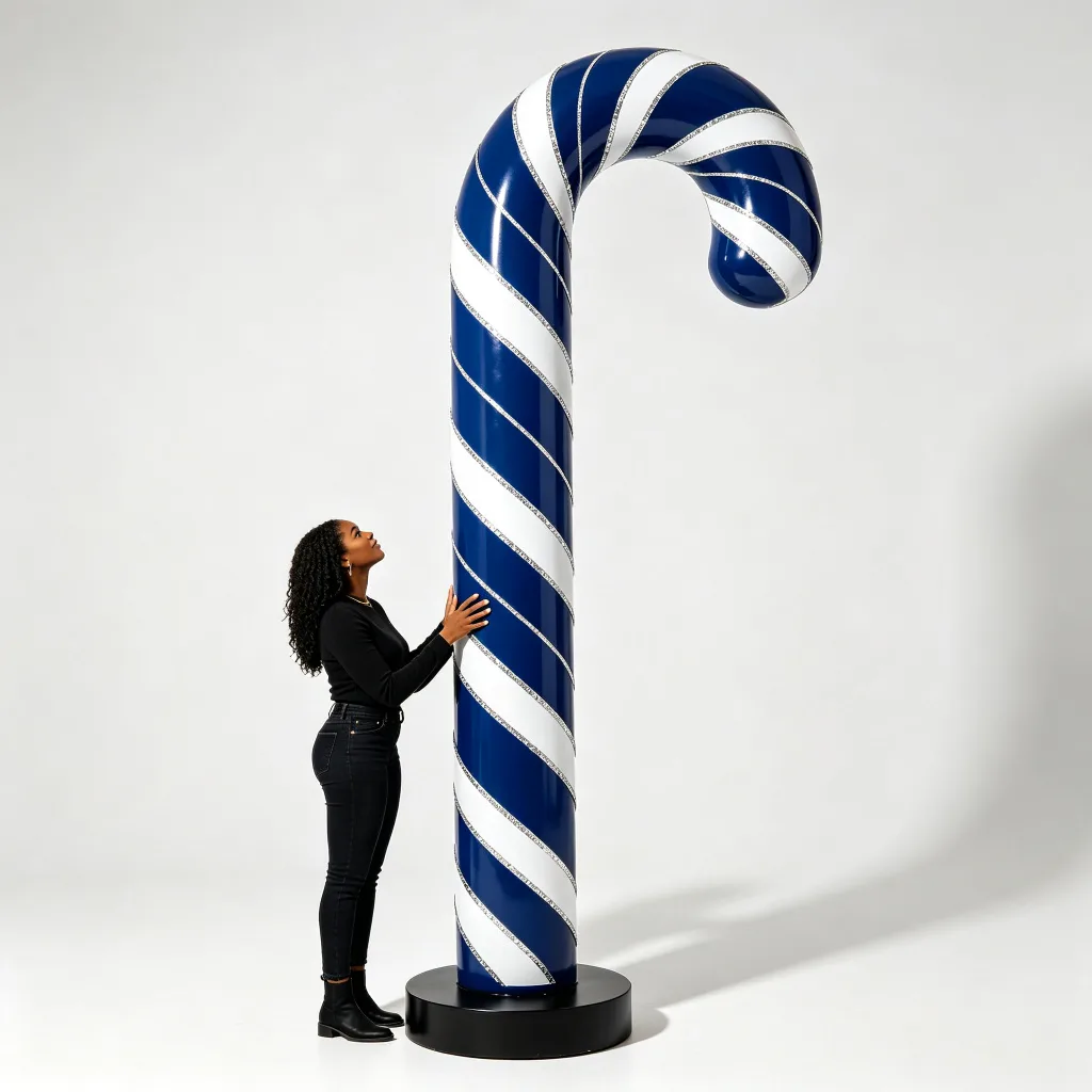 12ft Blue White Giant Candy Cane Fiberglass Statue Silver Trim Winter Prop — view 2