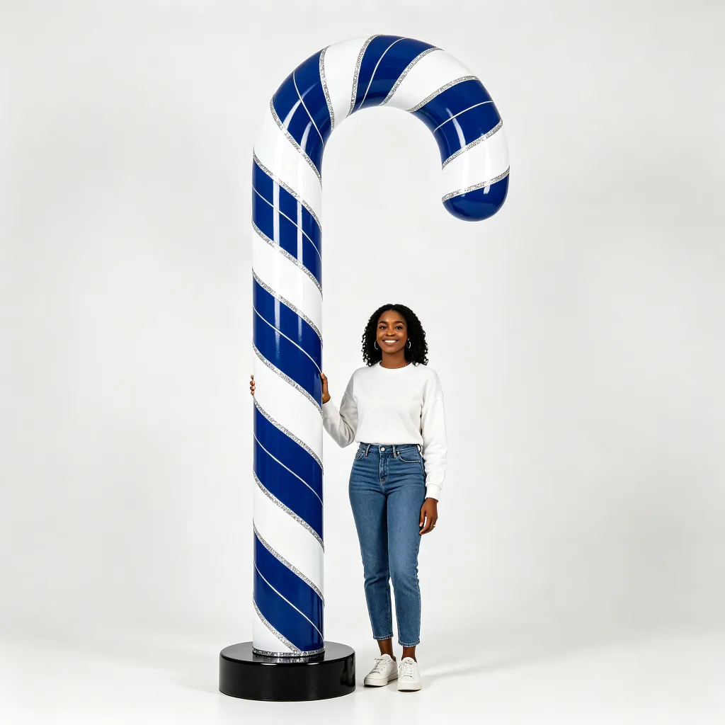 12ft Blue White Giant Candy Cane Fiberglass Statue Silver Trim Winter Prop