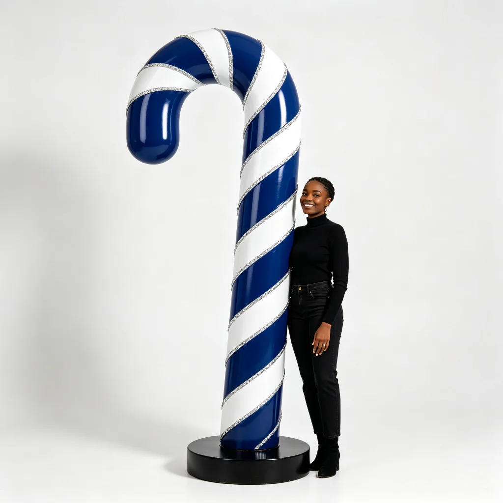 12ft Blue White Giant Candy Cane Fiberglass Statue Silver Trim Winter Prop — view 3