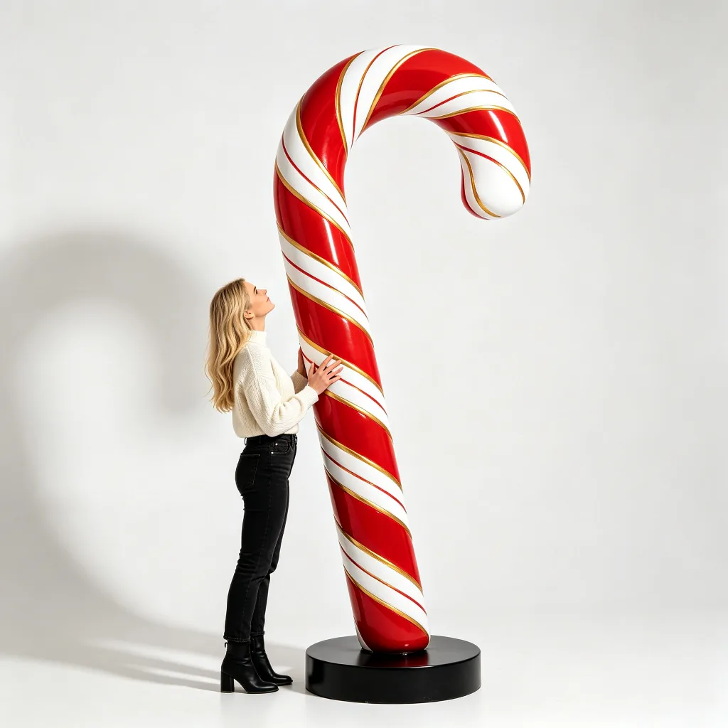 12ft Giant Candy Cane Fiberglass Statue Red White Gold Trim Christmas Prop — view 2