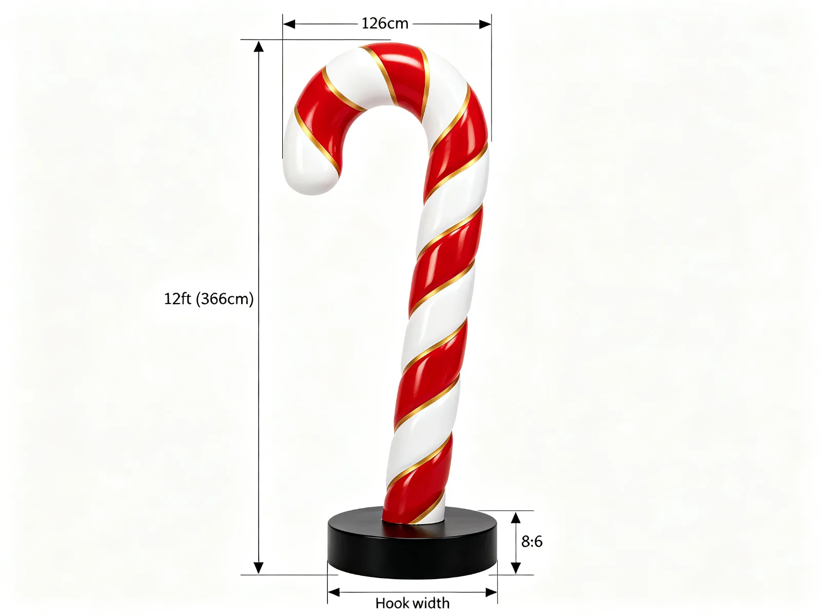 12ft Giant Candy Cane Fiberglass Statue Red White Gold Trim Christmas Prop — product detail 1