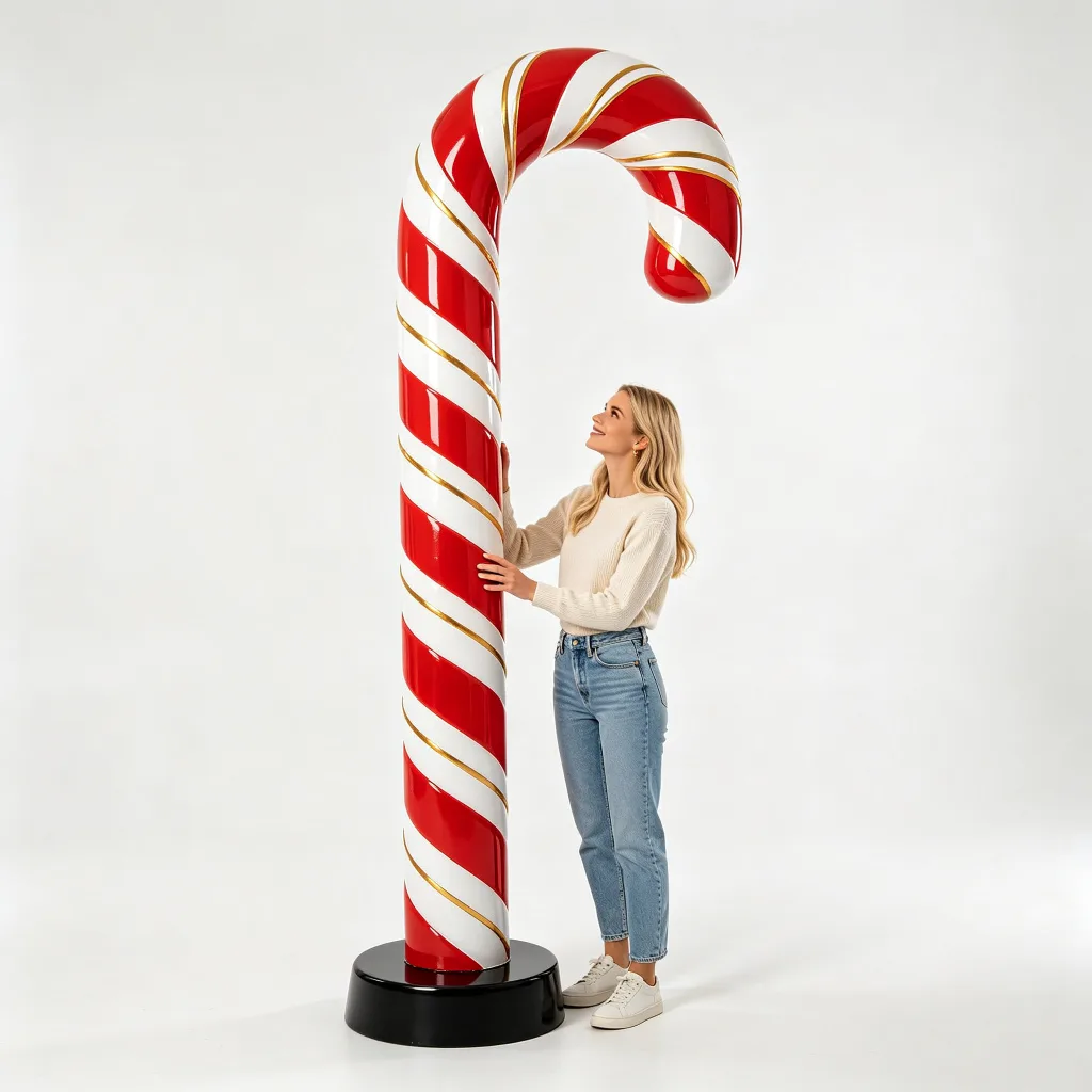 12ft Giant Candy Cane Fiberglass Statue Red White Gold Trim Christmas Prop