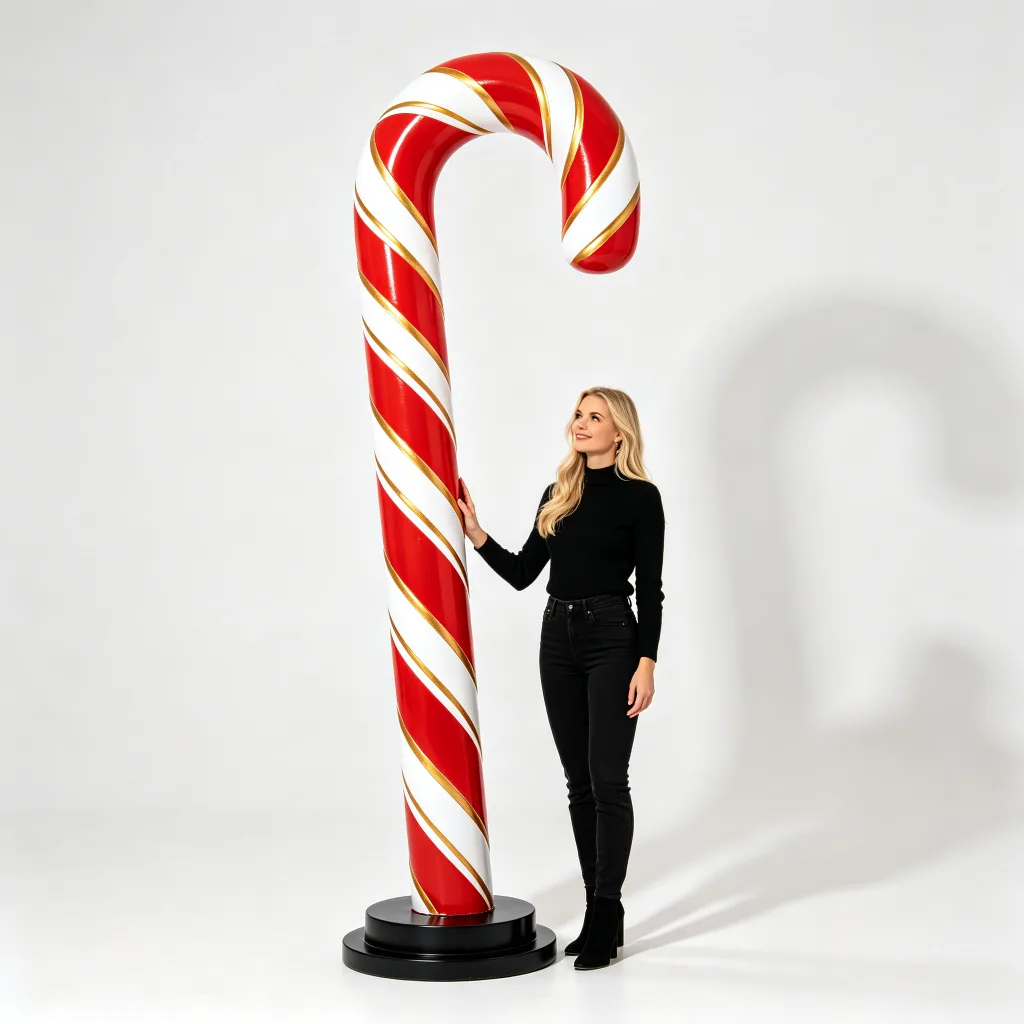 12ft Giant Candy Cane Fiberglass Statue Red White Gold Trim Christmas Prop — view 4