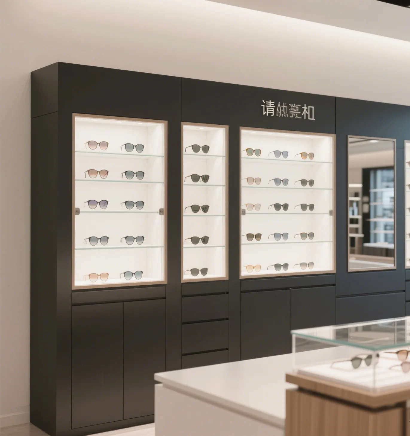 196″ Fashion Sunglasses Display Wall Cabinet with LED Light and Glass Display in Hot Sale — view 3