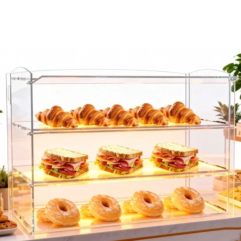 3-Tier Clear Acrylic Countertop Pastry Display Case For Bakery Kitchen Dessert Storage Rack — view 5