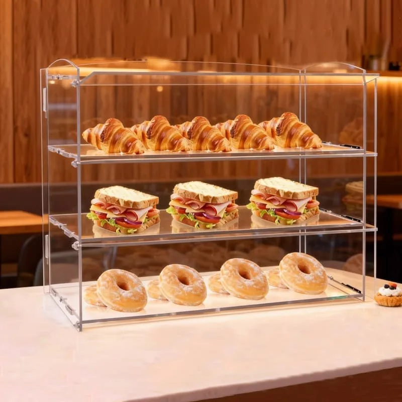 3-Tier Clear Acrylic Countertop Pastry Display Case For Bakery Kitchen Dessert Storage Rack — view 2