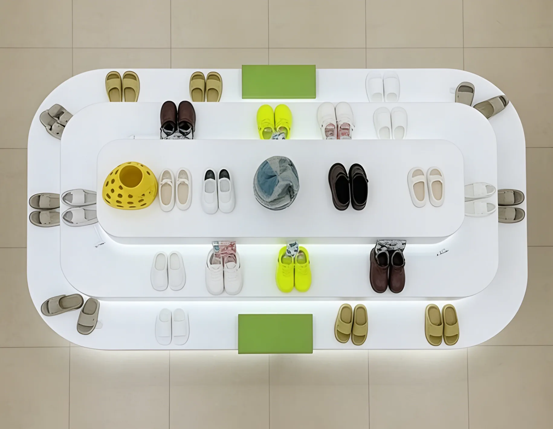 3-Tier Curved LED Shoe Island Display Cabinet, MDF Matte Lacquer Retail Fixture for Shoe Stores & Malls — view 4