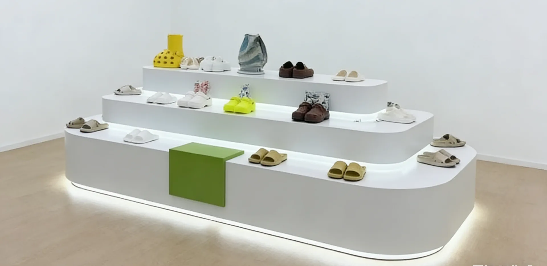 3-Tier Curved LED Shoe Island Display Cabinet, MDF Matte Lacquer Retail Fixture for Shoe Stores & Malls — view 2