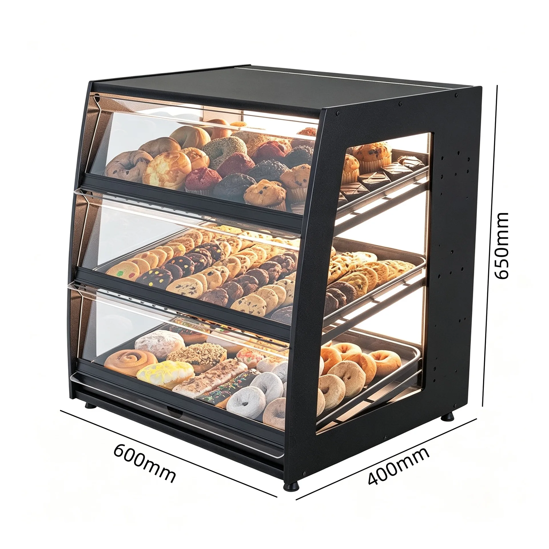 3 Tiers Black Curved Glass Stainless Steel Bakery Display Case — product detail 1