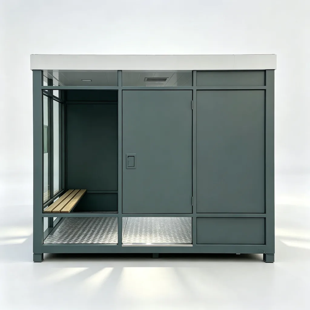3500mm Semi-Open Outdoor Smoking Cabin with Dark Green Steel Frame and Wooden Bench Seating — view 4