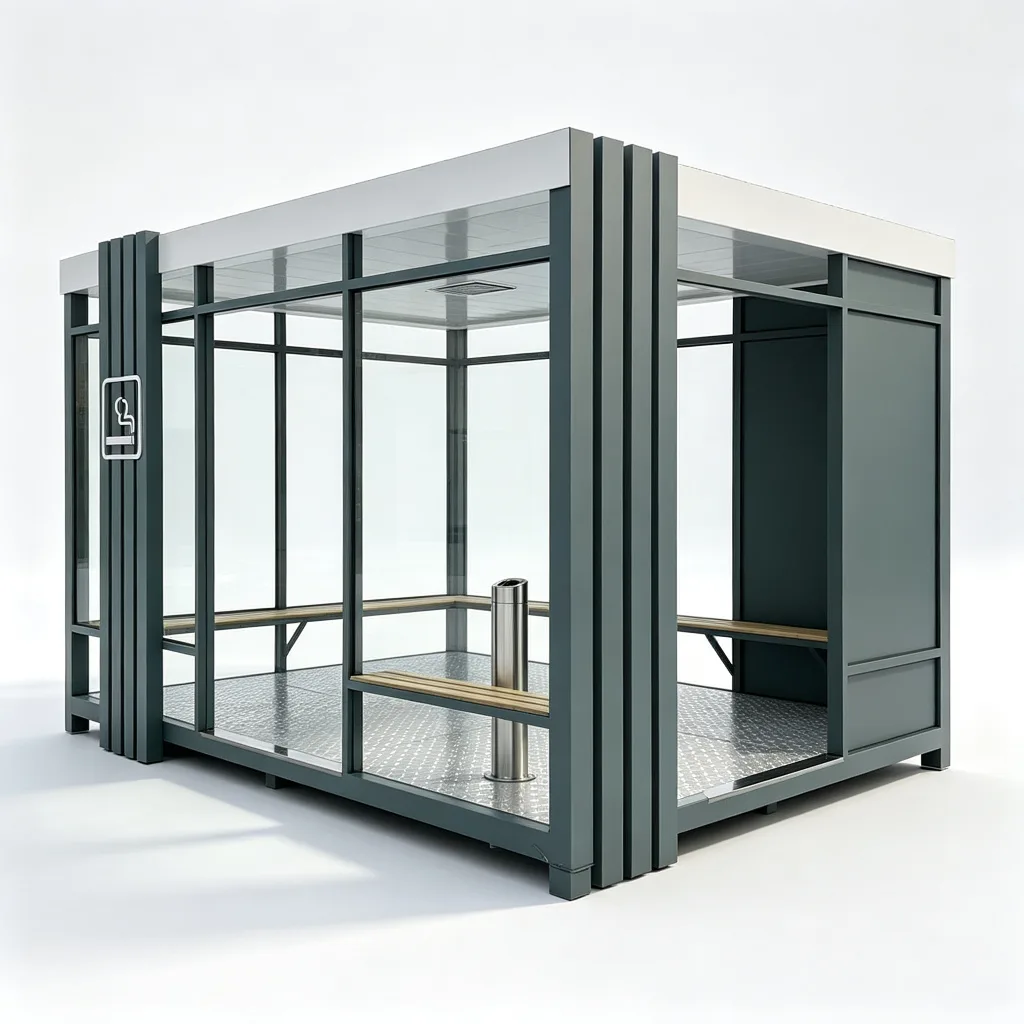 3500mm Semi-Open Outdoor Smoking Cabin with Dark Green Steel Frame and Wooden Bench Seating — view 3