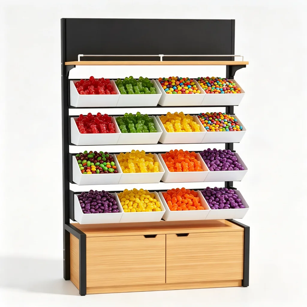 4-Tier Metal Wood Candy Display Rack Bulk Bin Shelf with Storage Cabinet — view 3