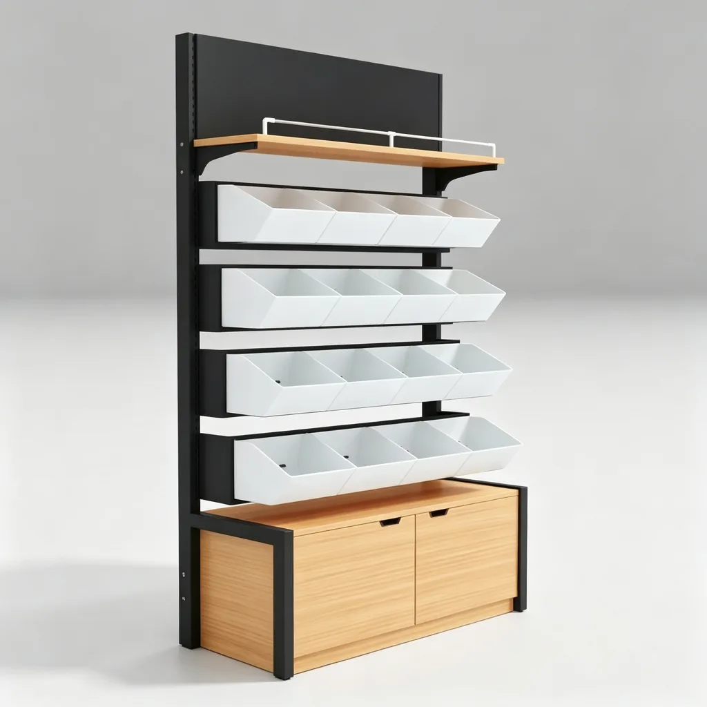 4-Tier Metal Wood Candy Display Rack Bulk Bin Shelf with Storage Cabinet