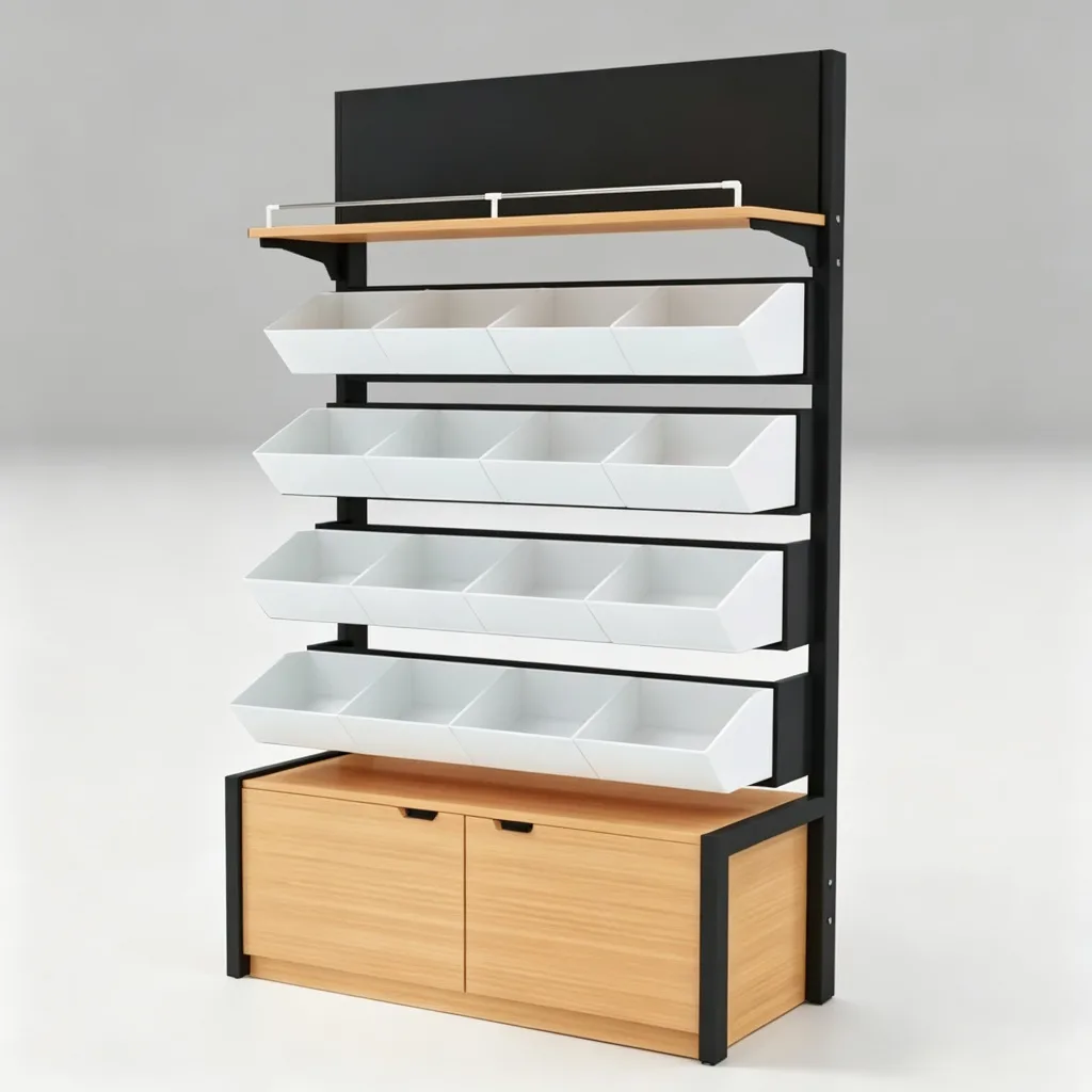 4-Tier Metal Wood Candy Display Rack Bulk Bin Shelf with Storage Cabinet — view 4
