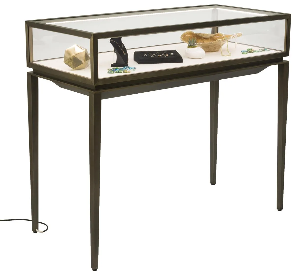 47″w Locking Jewelry Display Table w/ Rear Drawer, Stainless Steel Frame, LED Lights – Electronic Plating Bronze