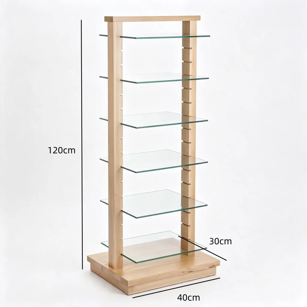 6-Tier Adjustable Wooden Frame Glass Display Stand for Retail Shop — product detail 1