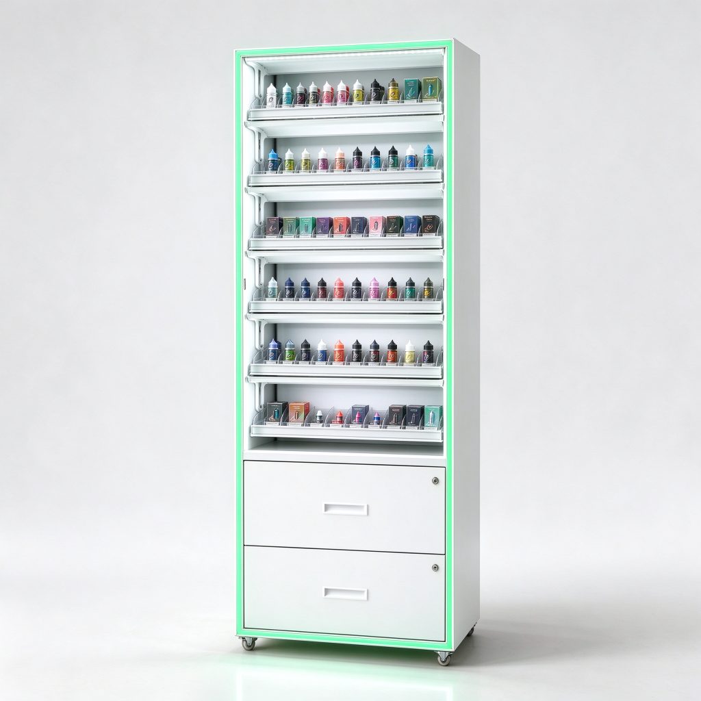 White slanted display cabinet with green outline and two lower fronts