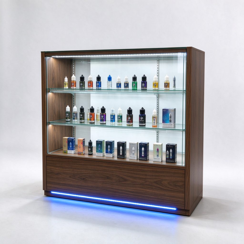 Warm wood-look framed display counter with transparent rows and blue base accent