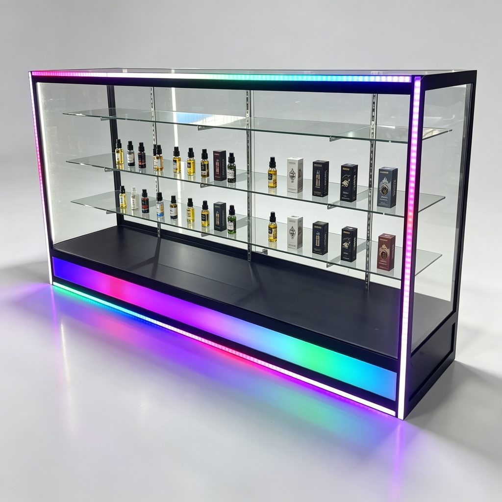 Wide dark showcase with transparent rows and rainbow edge accents