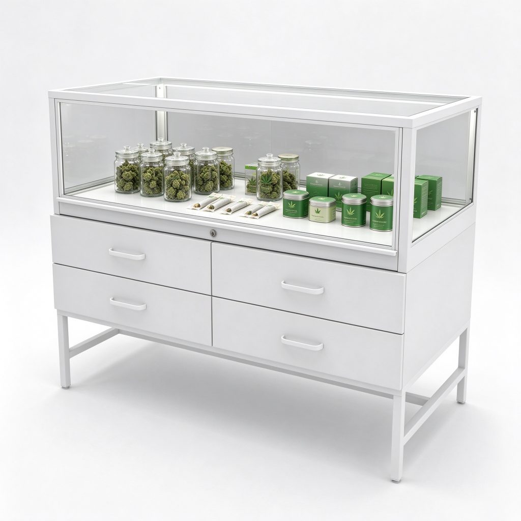 White display counter reference with a transparent top case and four drawer fronts
