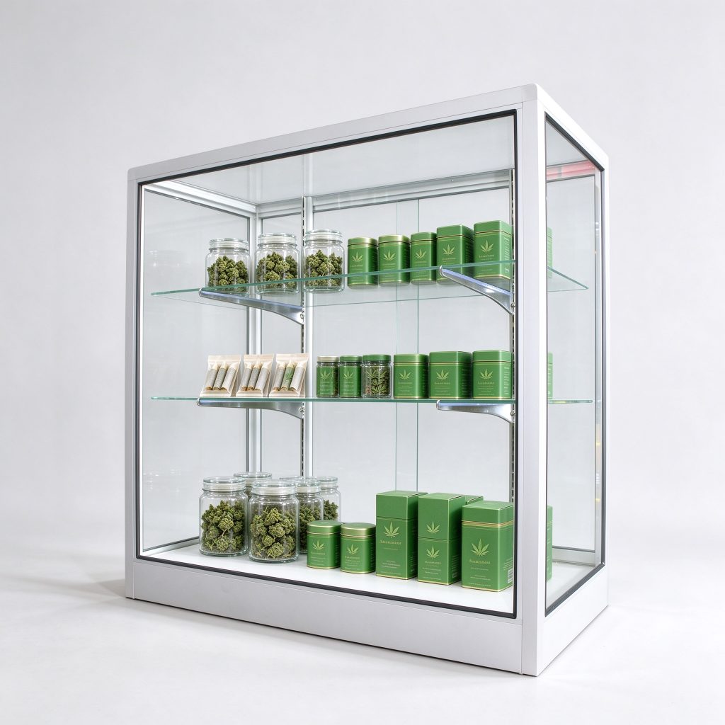 White-framed transparent showcase reference with interior presentation levels