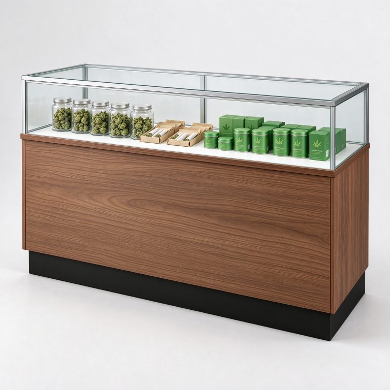 Plain wood-look base showcase reference with a transparent top case and dark plinth
