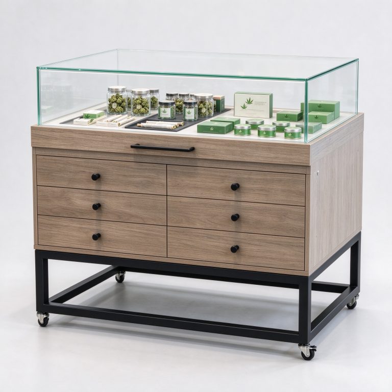 Wood-look drawer counter reference on an open rolling frame with visible casters