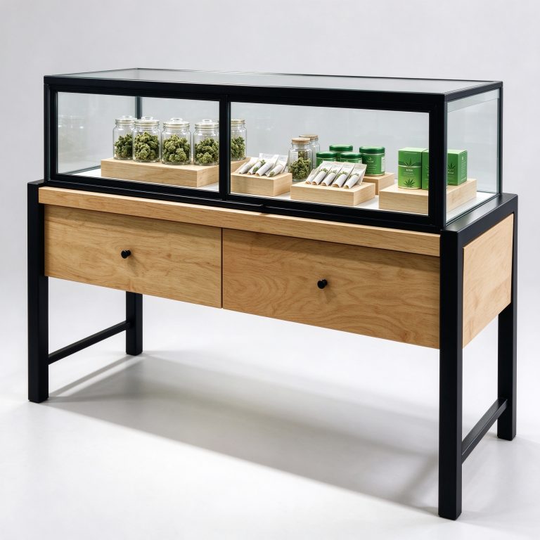 Dark-framed transparent counter reference above two wood-look front sections on an open base