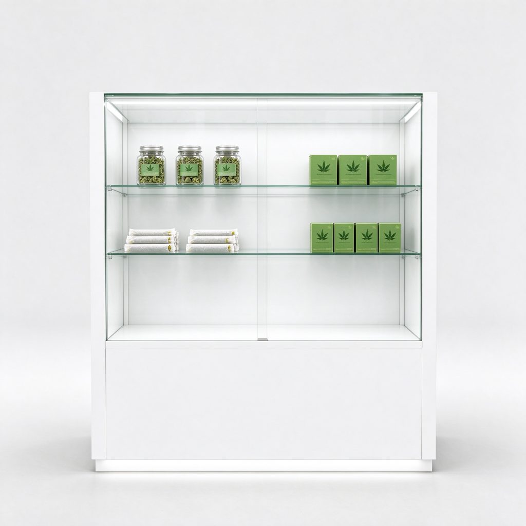 Broad white showcase reference with three presentation levels and a pale lower body