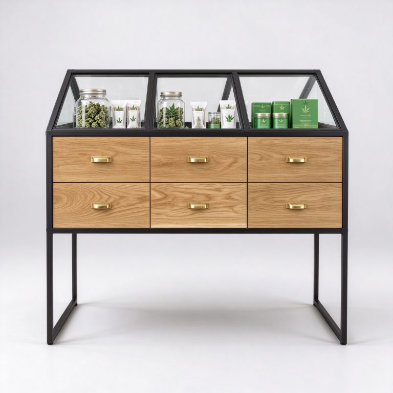 Sloping-top showcase reference with six wood-look drawer fronts and an open dark support frame