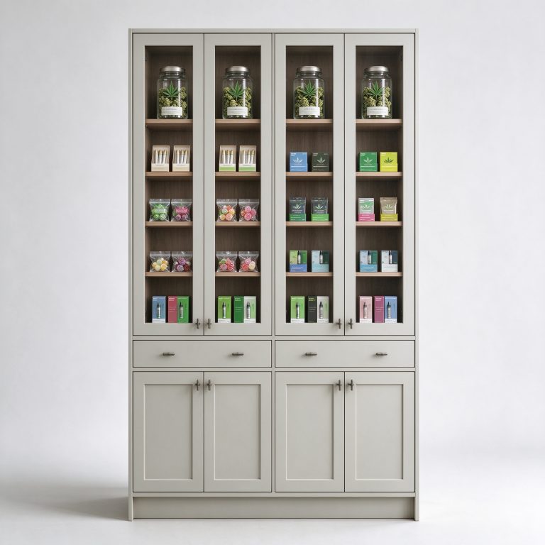 Pale four-bay cabinet reference with wood-look interiors and lower storage fronts