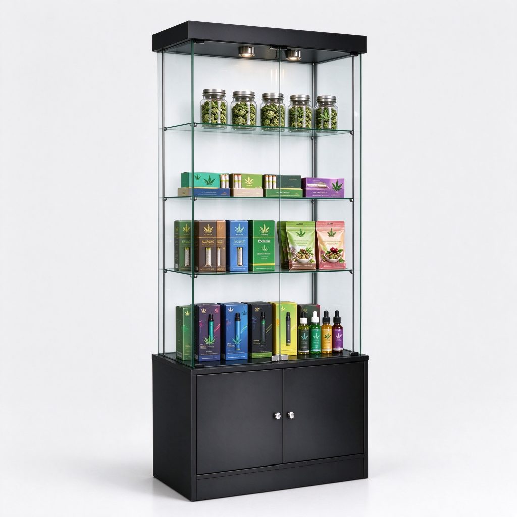Dark transparent display cabinet reference above two lower fronts with top light-like fittings