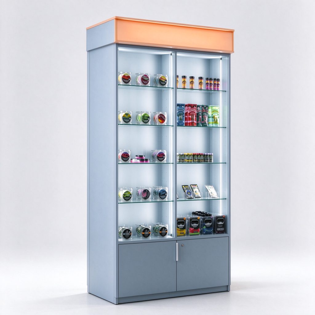 Blue-grey cabinet reference with an orange header, transparent viewing bays and lower fronts