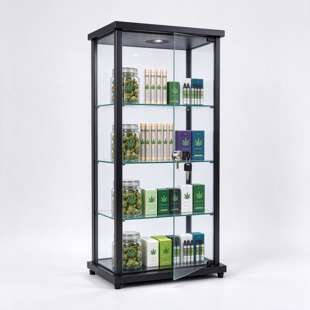 Tall dark-framed transparent case reference with interior display levels and a front fitting