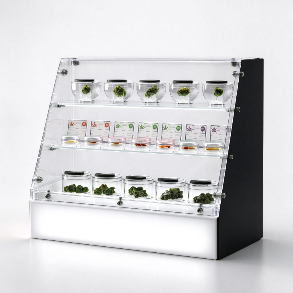 Slanted transparent countertop case reference with three merchandise rows above a pale base