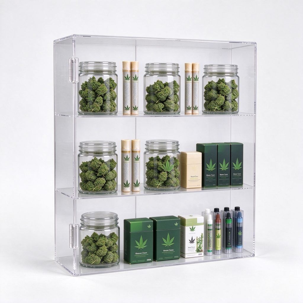Transparent three-level countertop display case reference with visible hinge details