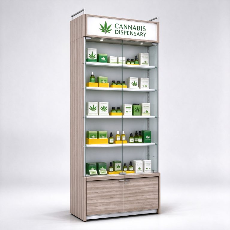 Pale wood-look shelf cabinet reference with open rows, lower fronts and a bright upper header