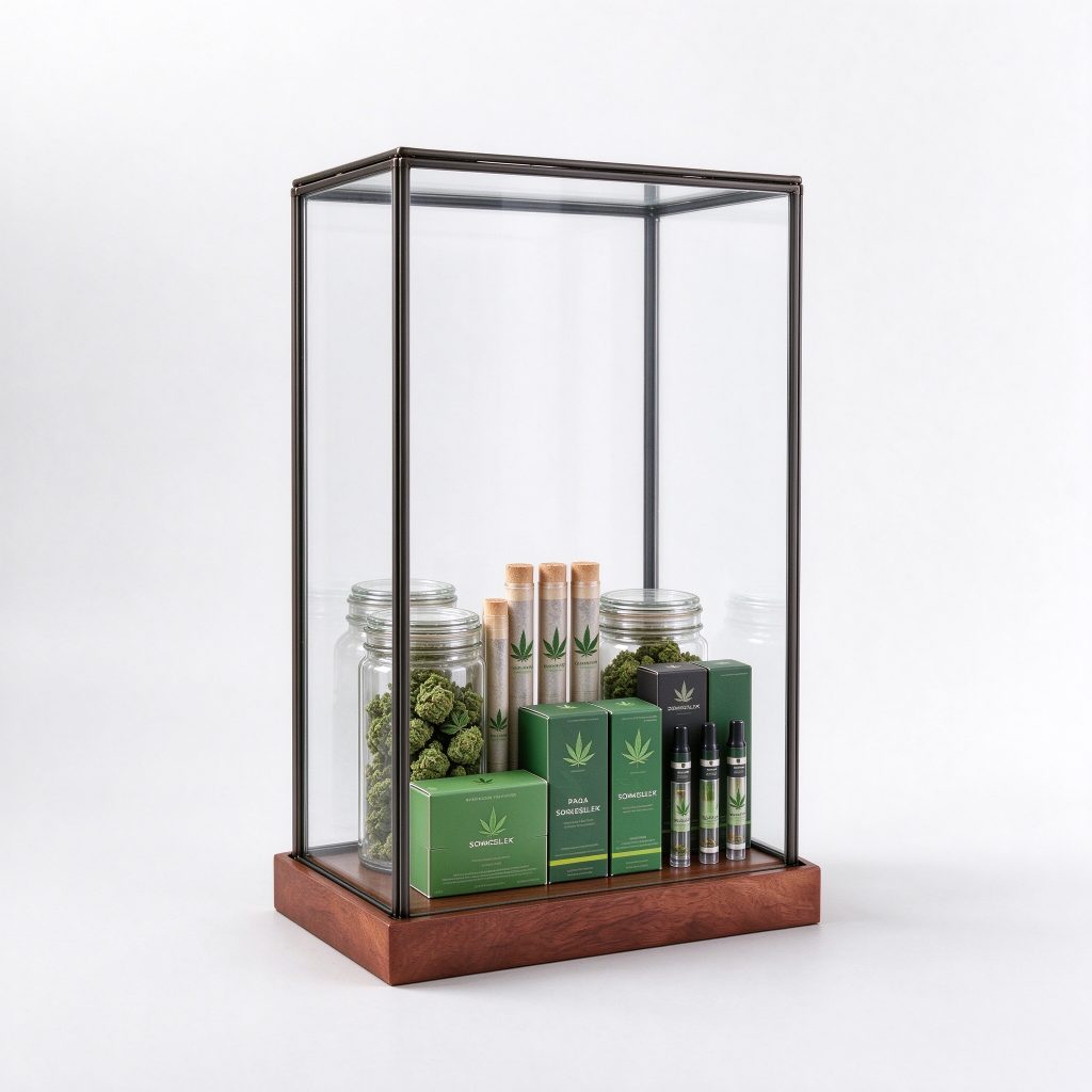 Slender transparent display enclosure reference on a wood-look plinth with one visible presentation deck