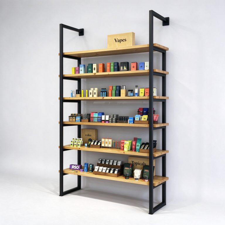 Open dark-frame wall shelving reference with wood-look rows and upper wall arms