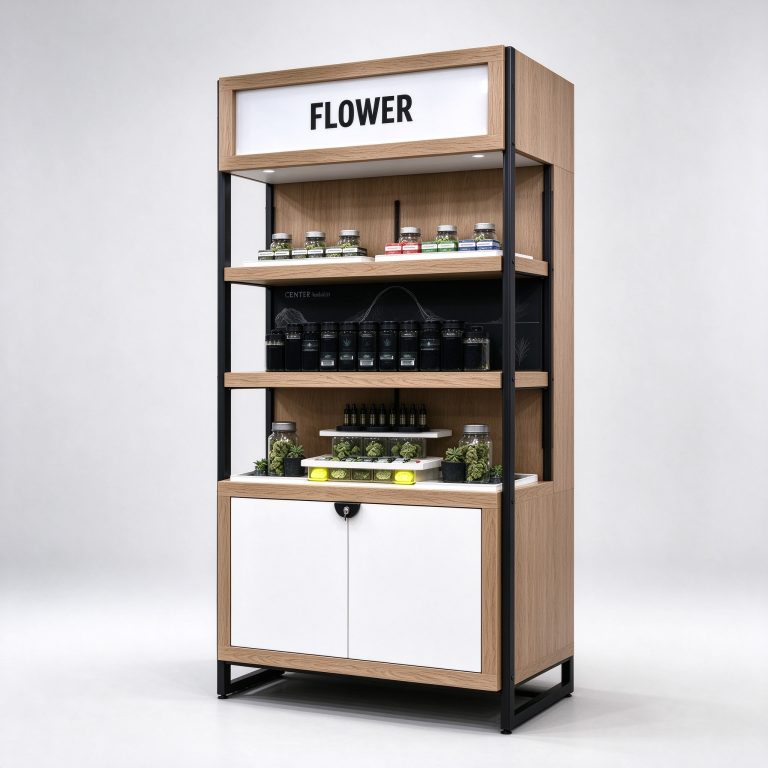 Light wood-look rack reference with a FLOWER header, open merchandise rows and pale lower fronts