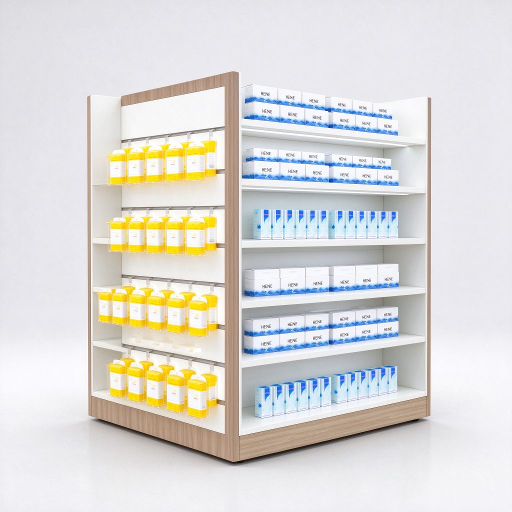 Pale gondola shelving reference within wood-look end frames and a shared base