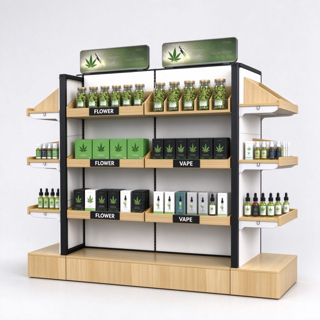 Paired-bay gondola reference with pale trays, end shelves and category strips